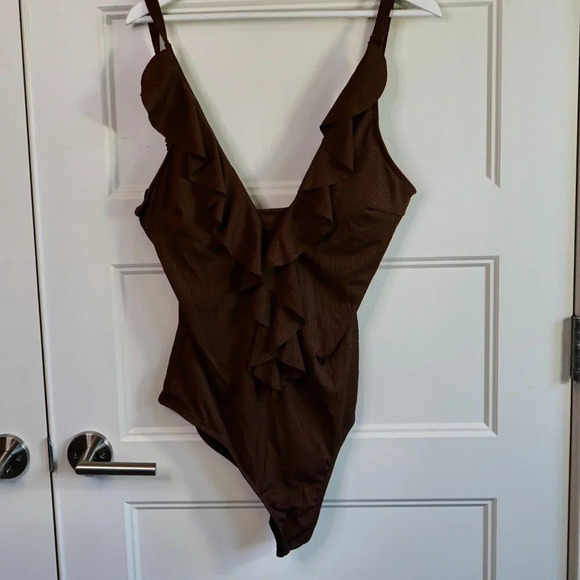 Cider Brown WITH RUFFLE V-Neck One Piece Swimsuit 1X NWOT - Picture 3 of 6
